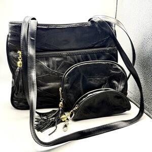 Unused Black Patchwork Leather 3Pc Purse Set Tassel Shoulder Bag